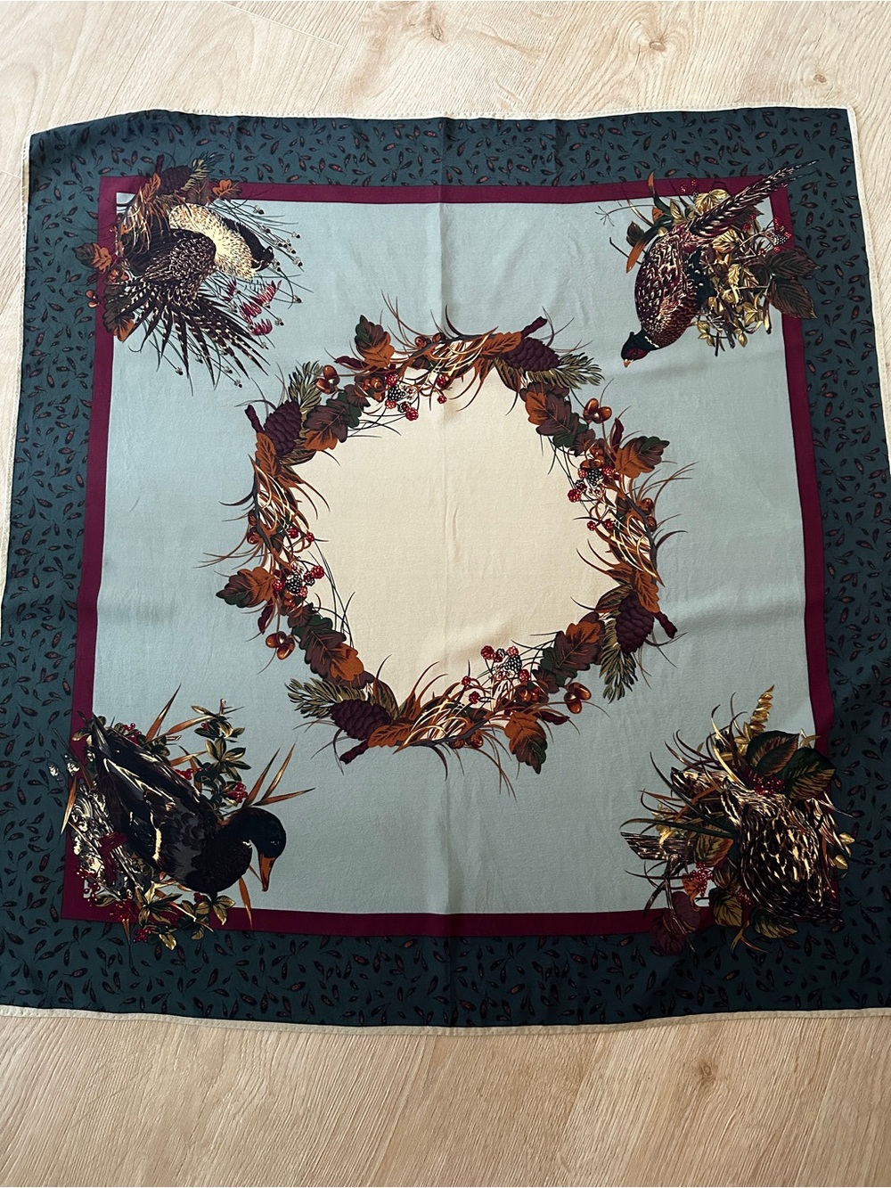 Vintage Autumnal Bird Silk Scarf - Teal, Cream & Burgundy